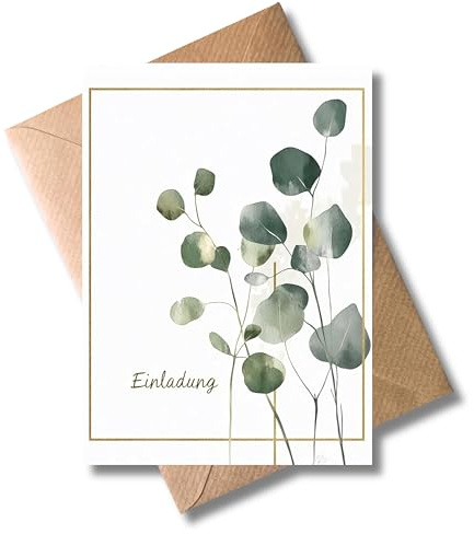 WBdesignz 10er Einladung Karte Hochzeit mit Umschlag - Einladungskarte zur Hochzeitsfeier Gold Rahmen Eukalyptus Trauung Brautpaar Liebe Verlobung Hochzeitskarte (DIN A6)