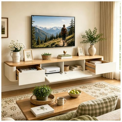 KSYGINXD Schwebende TV Schrank 260cm Beige, Modern TV Lowboard Hängend, TV Board Hängend mit 2 Schubladen 2 Klappen Türen & Kabelmanagement, für Wohnzimmer und Esszimmer