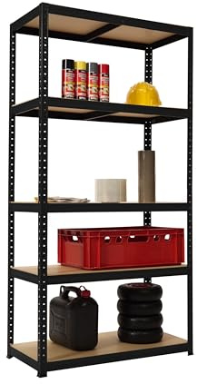 RLW-Gerätevertrieb Schwerlastregal Steckregal Metall 1325 kg Tragkraft – Lagerregal Stahl schwarz pulverbeschichtet – Werkstattregal Keller Garage – 90 x 180 x 45 cm (Modell 9222)