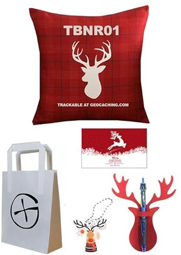 7 TLG Geocaching Geschenkset Kissenbezug TravelTag Rentier Powertank Weihnachten