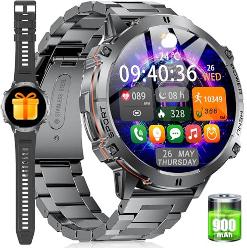 Smartwatch Herren mit Telefonfunktion,1,73 Zoll AMOLED Display Fitness Tracker mit 100+ Sportmodi,Herzfrequenz SpO2 Schlafmonitor Sportuhr Schrittzähler 5ATM Wasserdicht Armbanduhr für Android iO
