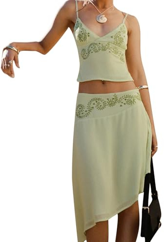 RUIWANBBY Women 2 Piece Summer Outfits Floral Print Spaghetti Strap V-Neck Crop Cami Tops and Bodycon Midi Skirt Streetwear Set (Green, M)