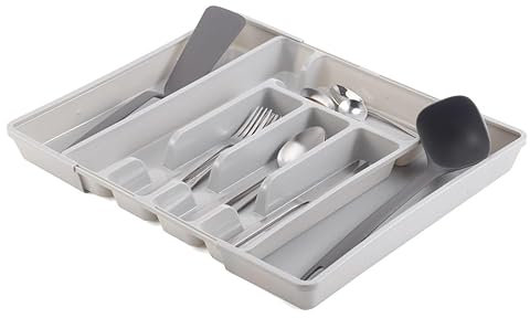 URBN-CHEF 7-Section Extendable Plastic Cutlery Tray, Kitchen Drawer Organiser with 5-to-7 Compartments for Utensils & Larger Tools - Versatile, Durable, Easy-to-Clean & Adjustable to Reduce Clutter