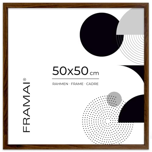 FRAMAI® Bilderrahmen 50x50 cm Braun MDF Umweltfreundlichem Rahmen mit Bruchsicheren Plexi, Aufhänger und Aufsteller