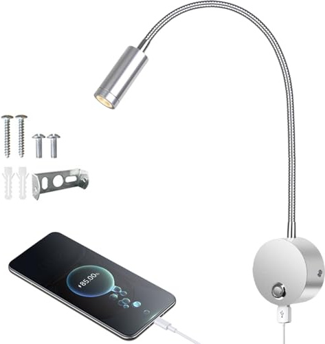 Fulkued Reading Lamp Wall Mounted Dimmable,LED Wall Lamp Bedside Lamp with Switch Touch,Flexible Gooseneck Bed Light,360° Swing,USB Charging for Bedside,Bedroom,Motorhome[Energy Class C]