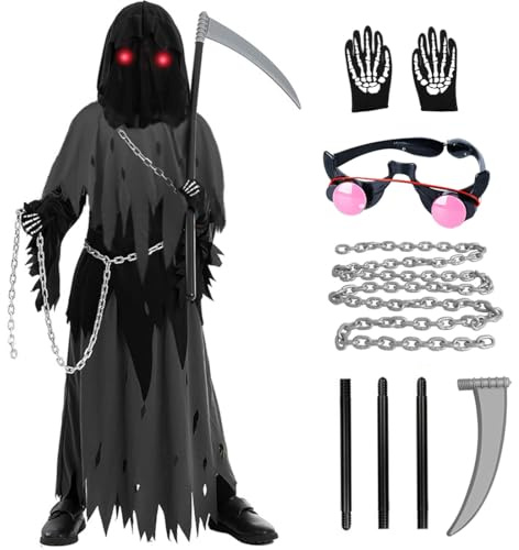 Capaneus Deguisement Faucheuse Enfant, Déguisement Faucheur Halloween avec Faucille, Costume Halloween Reaper, Deguisement La Faucheuse pour Enfants d'Halloween Cosplay Carnaval Costume (L)
