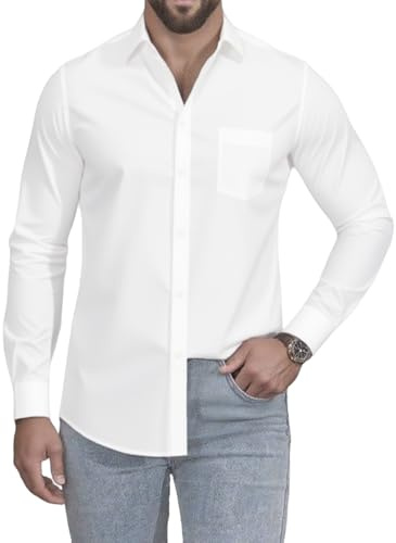 JiaYouLC Men's Long Sleeve Shirts with Pockets Casual Dress Shirts with Standard Collar Button Down Shirts (UK, Alpha, XL, Regular, Regular, White)