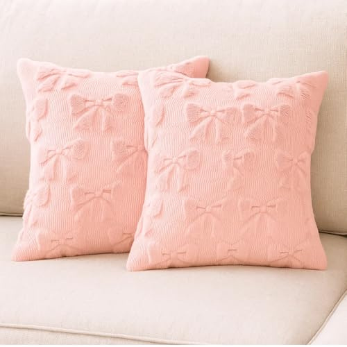 DvBCNMe Deko Aesthetic, 2 Rosa Deko Kissenbezüge Mit Schleifen, 45x45 cm, Cushion Covers Bows 45 x 45 cm Decorative Living Room Modern Cushion Cover Room Decoration