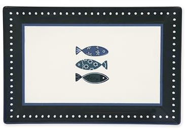 Excelsa Ocean Lot de 6 assiettes rectangulaires en céramique Motif poissons bleus 30 x 20 cm