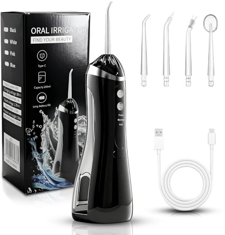 ONGNIUU Idropulsore Dentale, Irrigatore Orale, Water Flosser, Ugello Rotante a 360°, 3 Livelli di Intensità, USB-C Ricaricabile, Impermeabile IPX7, Ideale per l'uso Domestico e in Viaggio (Nero)