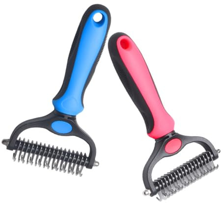 FIXOSHEE 2 Piezas Peine para Mascotas Doble Cara con Cuchilla de Acero Inoxidable para Desenredar y Eliminar Perros y Gatos Cepillo para Pelo de Cachorros Herramienta Segura para Cuidado y