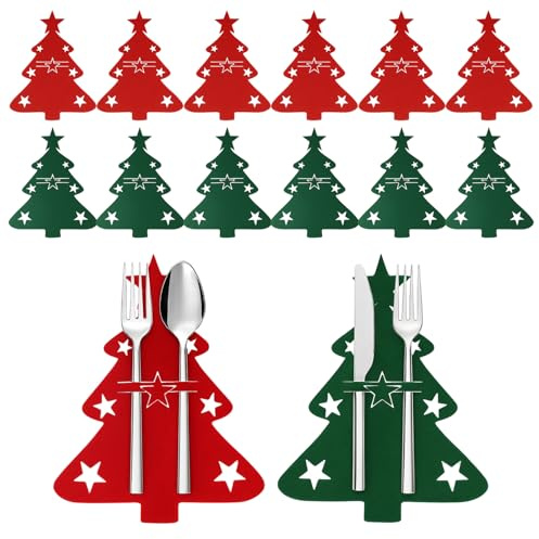 12 Stück Besteckhalter Weihnachten, Bestecktasche Weihnachtsbaum Tischdeko, Filz besteckhalte Weihnachten Rot Grün, Ideal für Weihnachtsessen, Familienfeiern und Festliche Anlässe