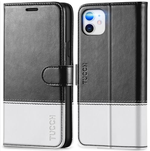 TUCCH Funda Cartera para iPhone 11 Cuero PU, Negro & Blanco | Tapa Plegable, Bloqueo RFID, Billetera Ranura para Tarjeta, Cierre Magnético, 6,1 pulgadas 2019