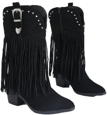 Bottes western pour femme - Avec franges - Bottes larges pour femme - Avec talon - Bottes de cowboy - Talon bloc - Franges - Élégantes - Tendance - À enfiler - Couleur unie - Bottes pointues, Noir