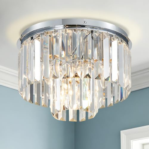 SHRINE LIGHTING Kristall-Deckenleuchte, Moderne Unterputz-Deckenleuchte, D30cm x H21cm, E14 Sockel 3-Licht, Silber Finish & K9 Kristall