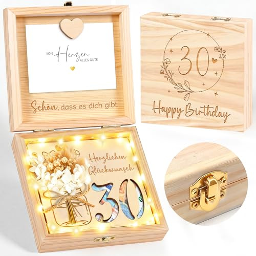 30 Geldgeschenke Geburtstag Holz, Geschenk zum 30 Geburtstag Frauen Männer | 30 Geldgeschenk Verpackung Geschenkbox mit LED Lichterkette, Geburtstagsgeschenk für Familie, Freunde, Mutter