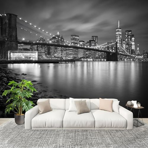Mural Papel Pintado 3D 300x210 cm Moderno Ciudad Vista Nocturna Fotomurales Tejido No Tejido Antiarrugas Póster En Blanco Y Negro Murales Fotográfico Moderno Decoración de Paredes