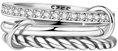 PANPOKI Stackable Ringe Set 925 Sterling Silber – Minimalistischer Band & Vintage Blumenring mit Zirkonia | Damen Stacking Rings | Geschenkbox + Putztuch (3 Rings, 54mm(Ø:17.3mm))