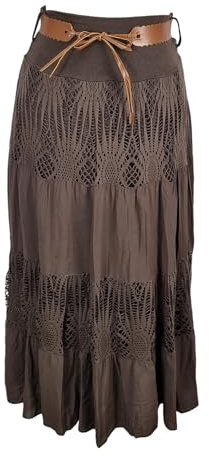 Kiran Fashion New Italian Boho Long Maxi Summer Belted Skirt Lace Gypsy Beach Holiday (UK, Alpha, One Size, Regular, Regular, Dark Brown)