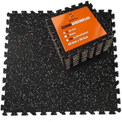 Krafitive® 6er Bodenschutzmatte aus Vollgummi, 15mm dick, 200kg belastbar | Schwerbelast, Schallschutz & Vibrationsdämpfung, wasserabweisend, Puzzle-Stecksystem, 1,34m² Fläche, Home Gym