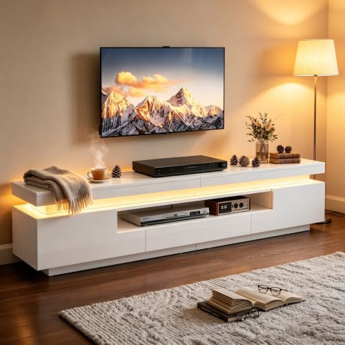Calivra TV Lowboard 175 cm mit LED, Hochglanz TV-Schrank mit 2 L-förmigen Schränken, 1 Schublade und halboffenem Stauraum, weißes TV Board für Fernseher bis 75 Zoll, Stand-TV-Schrank für Wohnzimmer