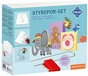 Pebaro 800 Geschenk-Set: Batteriebetriebener Styroporschneider, Styrocutter, Heißdrahtschneider, Bastelset inkl Ersatzdraht, 5 Styroporplatten, Basteln, Gestalten mit Styropor, Geschenkidee für Kinder