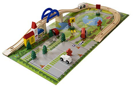 Holzeisenbahn Schienenset - Spielstraße für Auto - Holzautobahn - Schienenbahn Bahnüberführung mit Holzautos Bausteinen und Puzzlematte