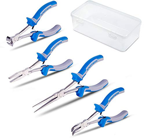 SPEEDWOX Long Reach Pliers Set 4 Piece with Storage Box Mini Pliers Kit Precision Wire Cutters Slim Fine Pliers for Hard to Reach Narrow Spaces High Leverage Reduce Efforts Tools for Mechanical Work