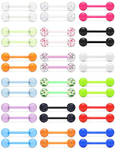 Ftovosyo 14G 16mm Glow In Dark Flexible Acrylic Straight Tongue Nipple Ring Retainer Body Piercing Jewelry for Women Men 36PCS Mix Color Bioflex Plastic Acrylic Nipplering