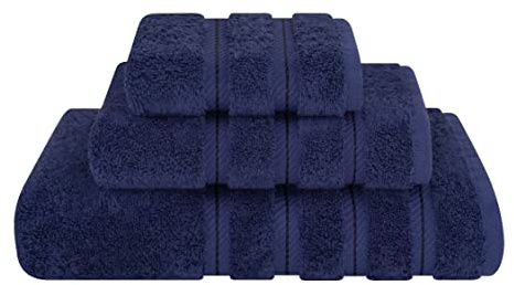American Soft Linen, Set di 3 asciugamani, 1 asciugamano da bagno, 1 asciugamano per le mani, 1 salvietta, super morbidi e assorbenti, 100% cotone turco, per bagno e cucina, asciugamano da doccia, blu