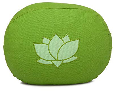Bodhi Meditationskissen OVAL mit Lotus Stickerei | aus Bio-Baumwolle grau mit Lotus (olivgrün)