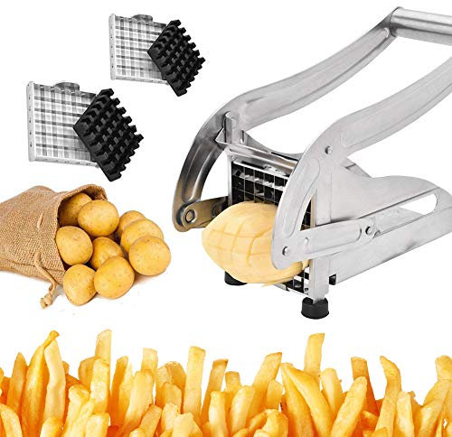 EUNEWR Edelstahl Pommesschneider,Kartoffelschneider Gemüseschneider mit 2 Messereinsätzen und Stempel Edelstahl-Schneideinsätze für Pommes Frites Kartoffel Karotten Gurken