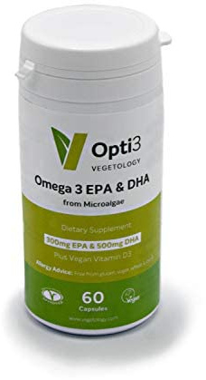 Opti3 omega3 da alghe vegetali, senza retrogusto, 300mg EPA, 500mg DHA e 200 UI di Vitamina D3, 60 cps, (1)