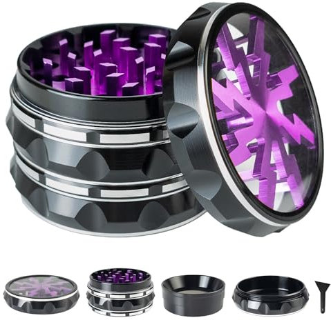 Grand moulin à herbes en métal transparent de 6,3 cm de large en 4 parties, moulin à épices en alliage d'aluminium avec récupérateur de pollen (noir violet)