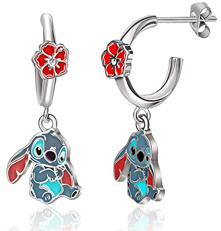 Disney Pendientes Stitch y Flor de Hibisco en Latón y Esmalte de Colores, Aptos para Mujeres y Niñas, Listos para Regalar, Joyas Oficiales Disney