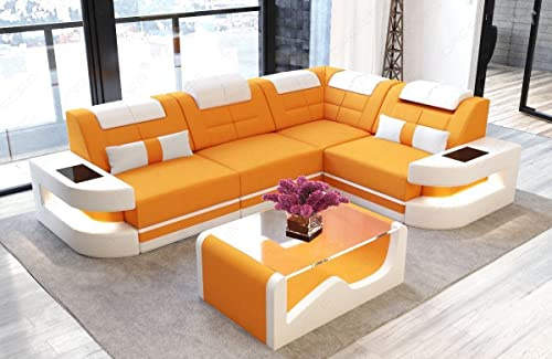 Sofa Como Ecksofa - mit LED Beleuchtung, verstellbare Kopfstützen, Mikrofaser/Ausrichtung wählbar (Ecke rechts, Weiss-Aprico)