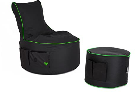BuBiBag Gaming Sitzsack Mit Hocker für Kinder und Erwachsene - Beanbag Mit Anschluss, Halterung und Seitentasche, Outdoor - Maverick (Anthrazit-Neongrün)