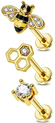 Jewseen 3PCS Bienen Knorpel Ohrringe mit Innengewinde Labret Ohrstecker 16g Zirkonia Helix Ohrringe Edelstahl Lippenpiercing Schmuck für Damen und Herren
