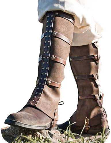 Resnan Mittelalterliche Wikinger-Gamaschen aus Kunstleder, Ritter, Krieger, Rüstung, Stiefel, Überzüge, wasserdicht, Beinschoner, Cosplay-Kostüm, 12 Braun, Einheitsgröße