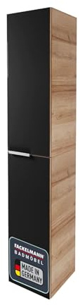 FACKELMANN B.Brillant Hochschrank hängend – Hängender Badezimmerschrank mit Front aus lackiertem Glas – Viel Stauraum & Soft-Close – Badschrank in Anthrazit & Eiche (30 x 162 x 32 cm)