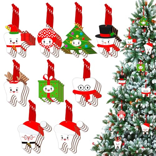 Hoteam Weihnachtszahn-Ornamente für Baum, doppelseitiger Druck, Weihnachtsgeschenke für Zahnlabor, Techniker, Zahnarzt, Assistent, Anerkennung (niedliche Zähne), 18 Stück