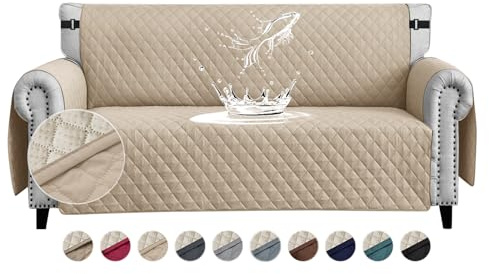 FIGOOO wasserdichte Sofabezug 4 Sitzer Dicke Sofaschoner Wasserdicht Gesteppte Sofa Überzug mit Seitentaschen Sofaüberwurf rutschfest Kratzfest für Haustiere Hunde Katzen,Beige