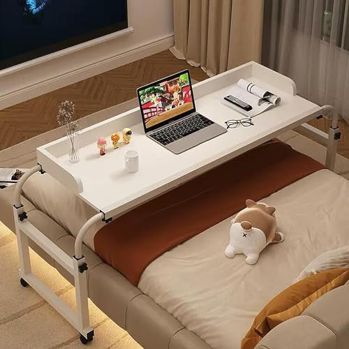 GXQFC Mobilitätstisch über dem Bett Überbetttisch mit Rollen Höhen-/Breitenverstellbarer Steharbeitsplatz Rollender Laptop-Schreibtisch Dehnbarer 115-210cm Fauler Multifunktionsschr (Color:Weiß)