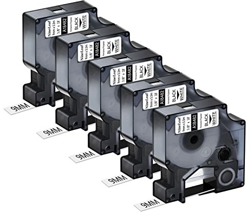 NineLeaf 5 Packung Ersatz für Dymo 18482 A18482 9mm x 5.5m Bänder Schwarz auf Weiß Polyester Permanentes Industrie-Schriftband für Rhino 1000 4200 5200 ILP 219 3M PL100 PL150 Beschriftungsgerät