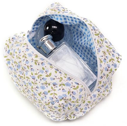 Kryzalite Gesteppte Kosmetiktasche mit Blumenmuster und großem Fassungsvermögen aus weichem Baumwollmaterial für Make-up-Pinsel und Beauty-Utensilien (blau)