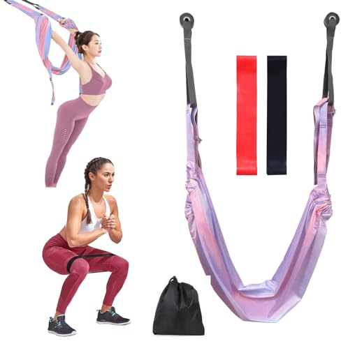 Yoga Straps for Stretching, Aerial Yoga Hammock Silks with 2 Resistance Bands, Gymnastics Equipment, Pilates Reformer Machine Kit, Yoga Wheel for Aerial Yoga, Fitness, Splits (Pink Purple)