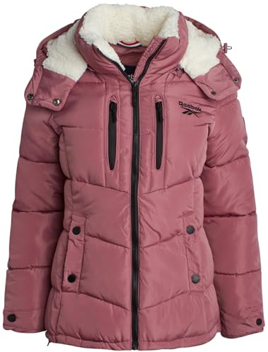 Reebok Womens Puffer Jacket - Heavyweight Puffer Coat with Faux Fur Trim Hood - Outerwear Down Winter Jackets for Women, Size Medium, Pink Haze