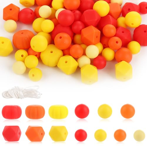 100pcs Perles en Silicone pour l'Automne, Perles de Thanksgiving Perles Artisanales Rondes et Hexagonales en Forme de Citrouille Perles d'Espacement en Vrac pour la Fabrication de Bijoux Bricolage
