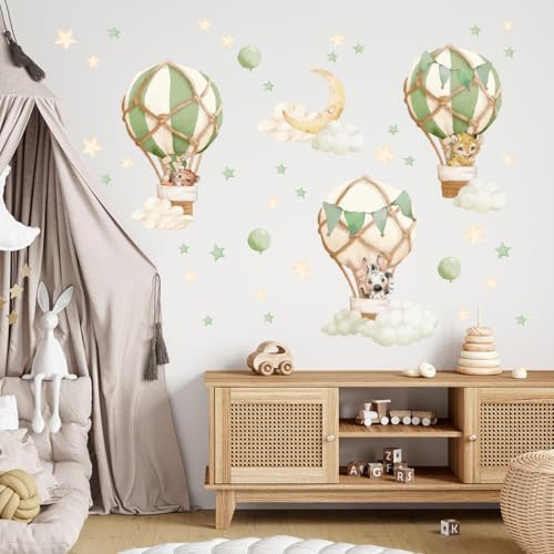Wally Fox - Wandtattoo Kinderzimmer - Kinderzimmer Deko - Wandtattoo Kinderzimmer Mädchen, Junge - Wanddeko, Wandsticker - Tiere in Luftballons, Grün, Sterne, Mond, Heißluftballons - 47stk