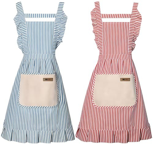 G-LIKE Damen Mädchen Schürze Küchenschürze – 2er Set Kochschürzen mit Spitzen Tasche Schnüren Ölbeständig Schmutzabweisend Baumwolle Leinen Korallenvlies für Kochen Backen Grillen